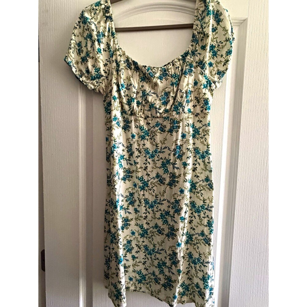 Lily Rose White Blue Green Floral Square Neck Smocked Lined Mini Dress XL